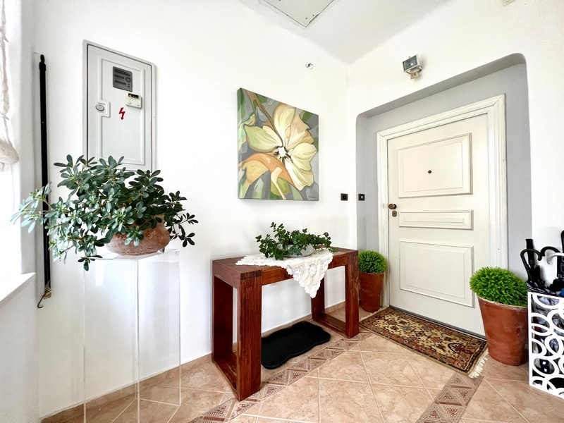 Vstupný priestor s rastlinami a drevenou konzolou, dekoratívna maľba na stene