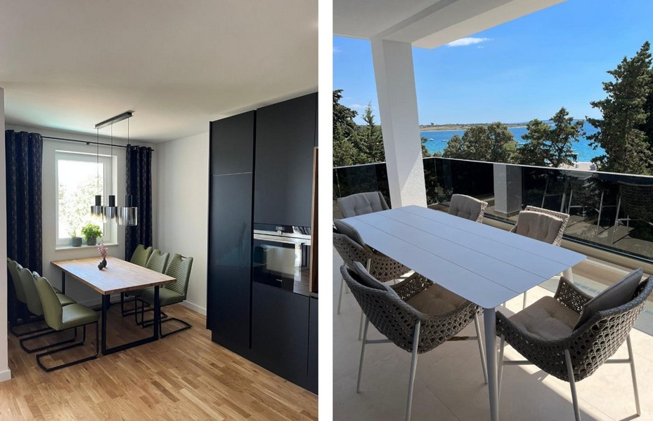 Jedálenský kút a kuchyňa, ako aj výhľad na terasu s výhľadom na more.