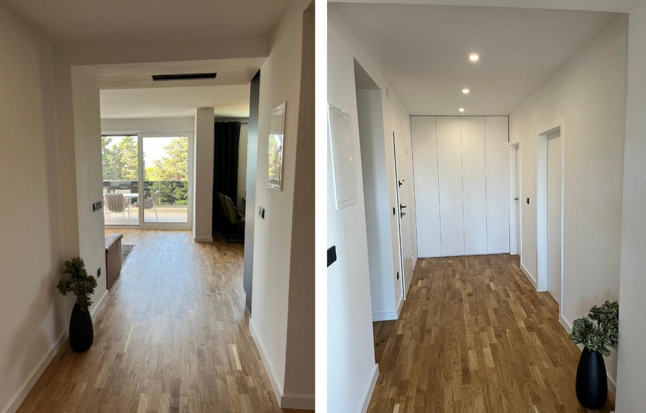 Predsieň a vstupný priestor so vstavanými skriňami.