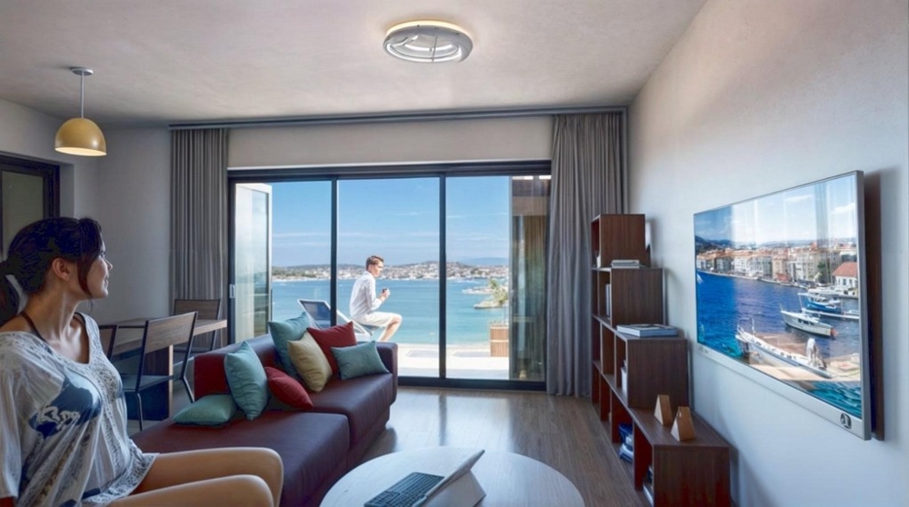 Výhľad na more z moderného apartmánu A3443 v Chorvátsku.