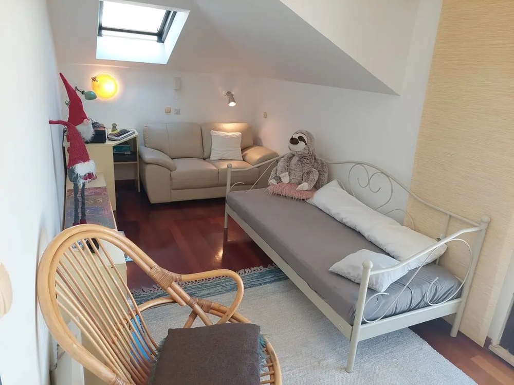 Izba s pohovkou, strešným oknom, posteľou a dekoráciami