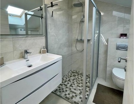 Moderná kúpeľňa so sprchovacím kútom a umývadlom.