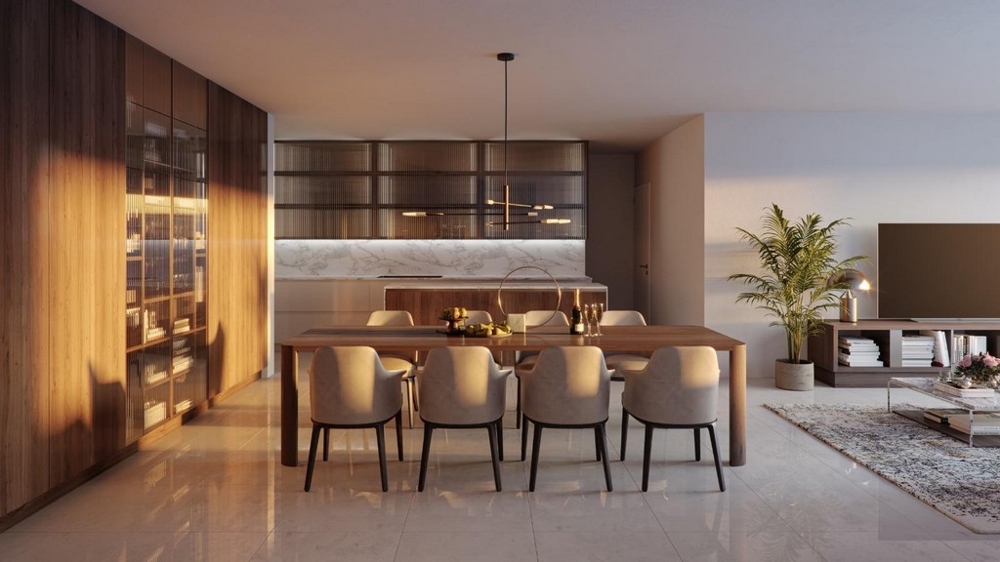 3D vizualizácia nehnuteľnosti A3534: interiér / jedálenský kút a obývací priestor