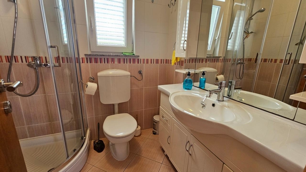 Kúpeľňa so sprchovacím kútom a umývadlom