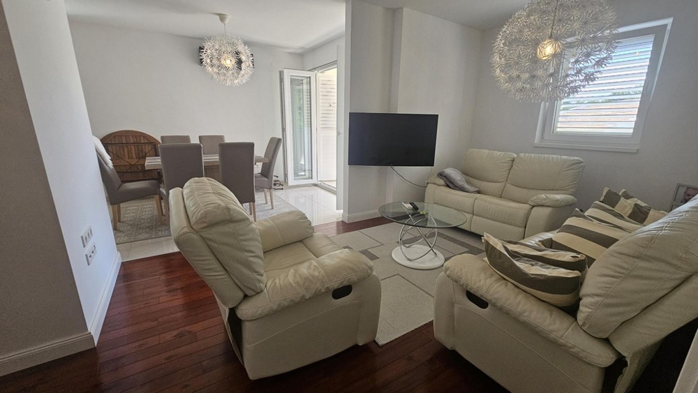 Obývacia izba s koženou pohovkou a TV