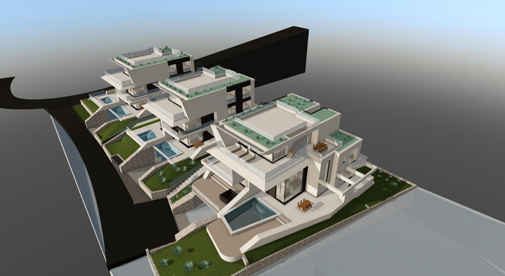 Vizualizácia obytného komplexu s bazénmi