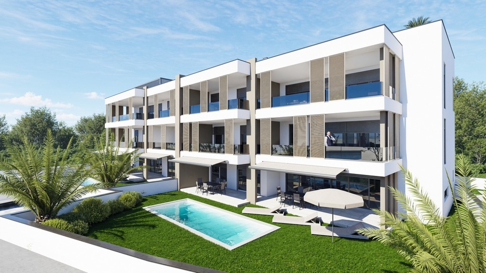 Vizualizácia prednej časti budovy s bazénmi