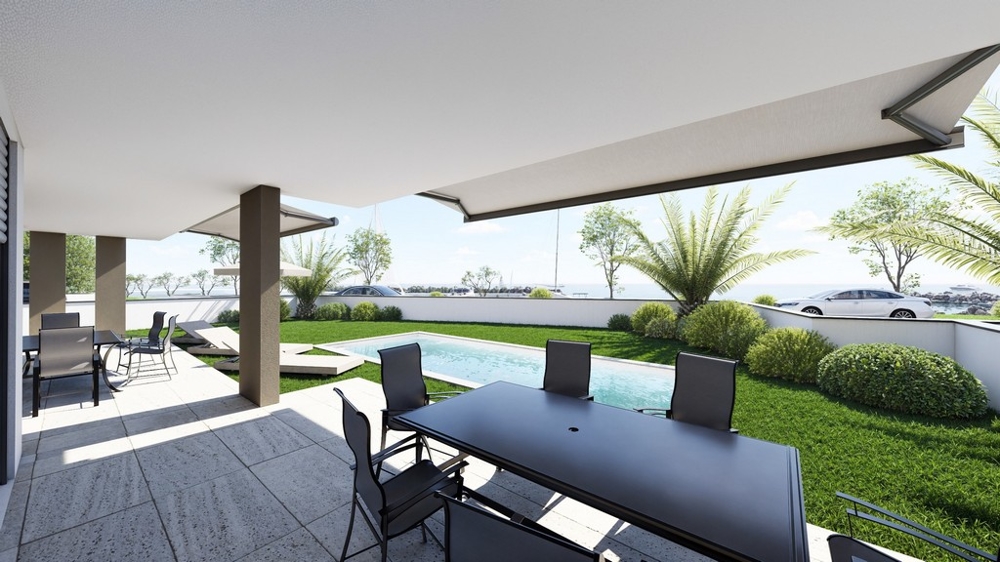 Vizualizácia krytej terasy so záhradou a bazénom