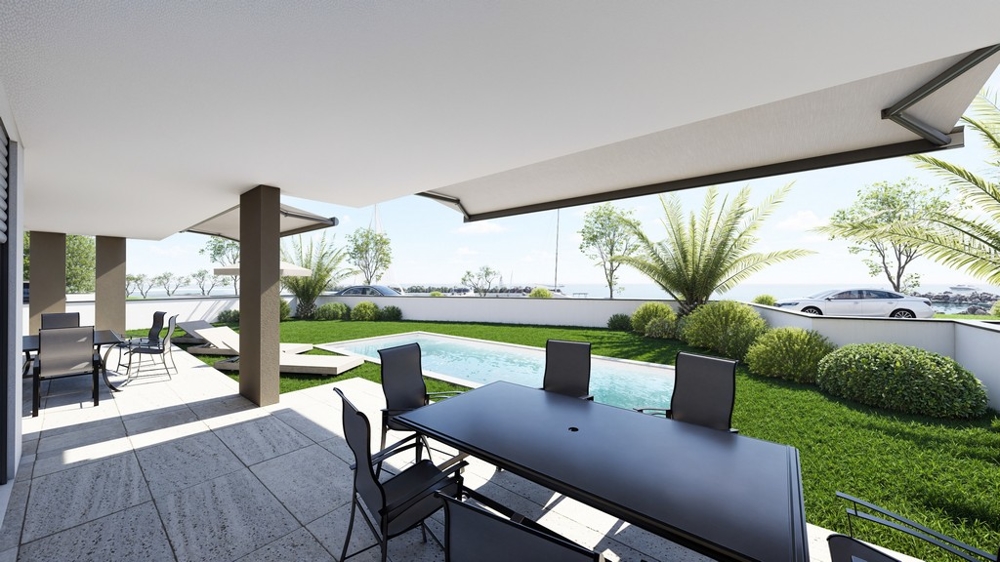 Vizualizácia terasy s bazénom a zeleným vonkajším priestorom