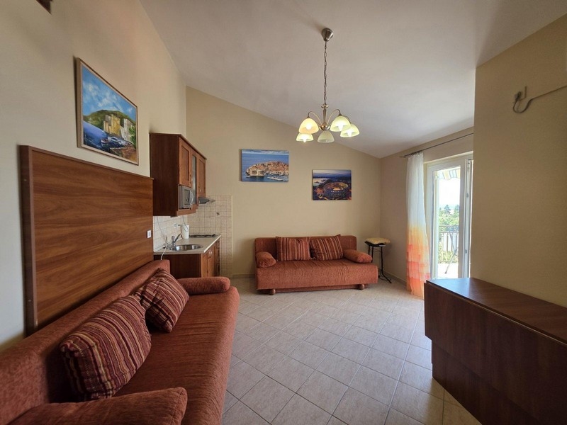 Obývacia izba s dvomi pohovkami a kuchynským kútom