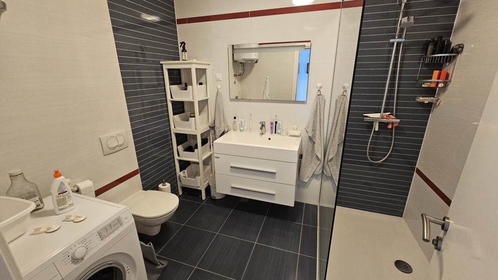 Kúpeľňa so sprchovacím kútom, WC a práčkou