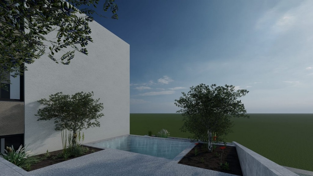 Moderný bazén so zeleňou na bytovom dome