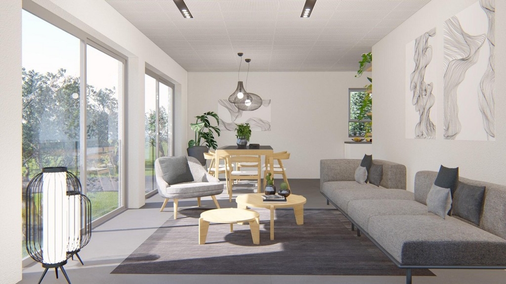 Obývacia časť s veľkými oknami a výstupom na terasu