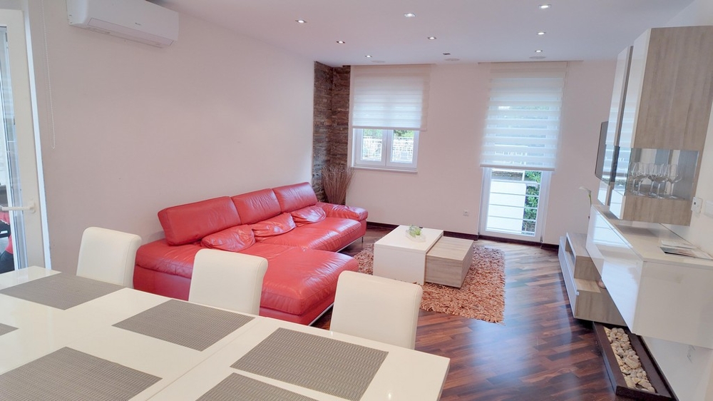 Obývacia izba s červenou koženou pohovkou a štýlovým dizajnom