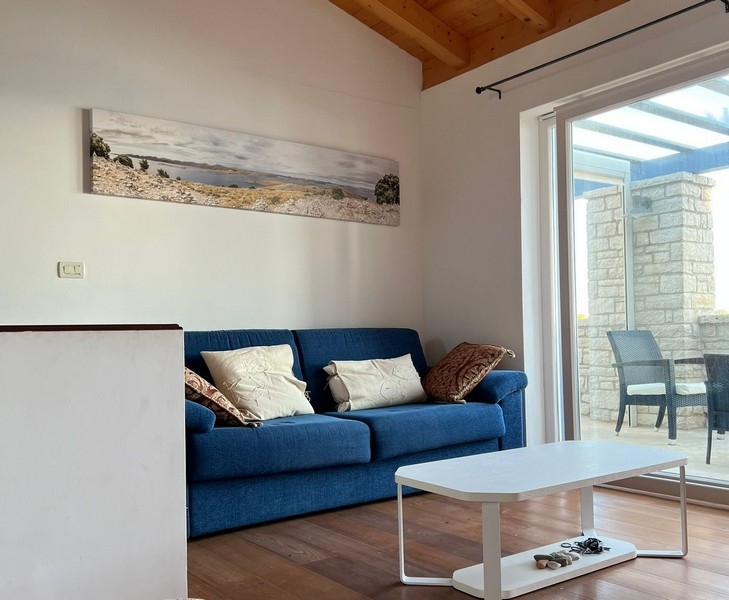 Obývacia izba s pohovkou a vstupom na krytú terasu