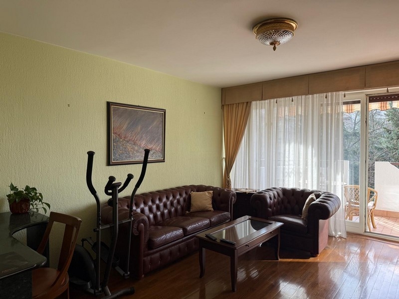 Obývacia izba s koženými pohovkami a prístupom na balkón