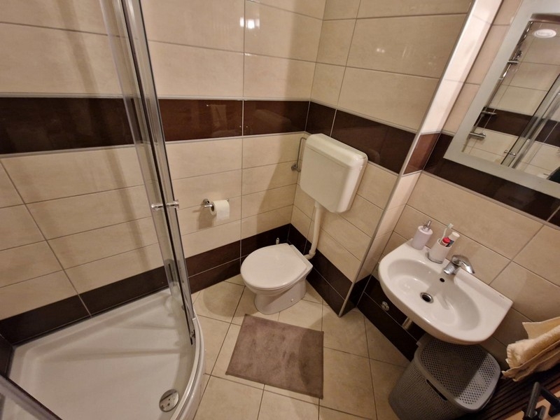 Kúpeľňa so sprchovacím kútom a umývadlom