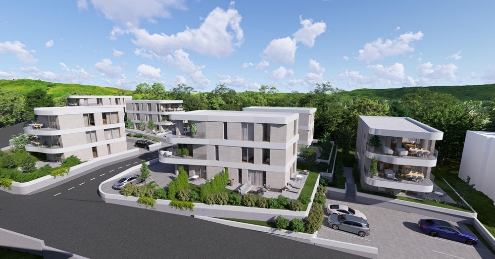 Projekt novostavby v Krku, letecký pohľad na obytný komplex v prírode