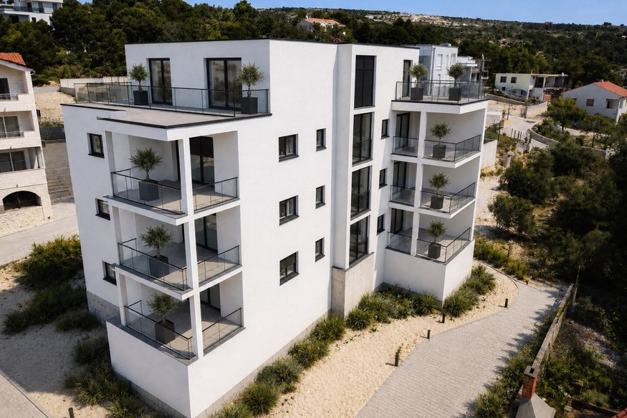 Vizualizácia hotovej obytnej budovy s balkónmi