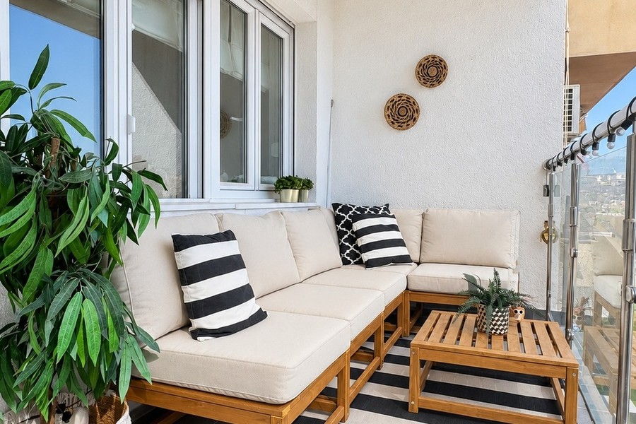 Južná loggia s sedacím kútom a rastlinami