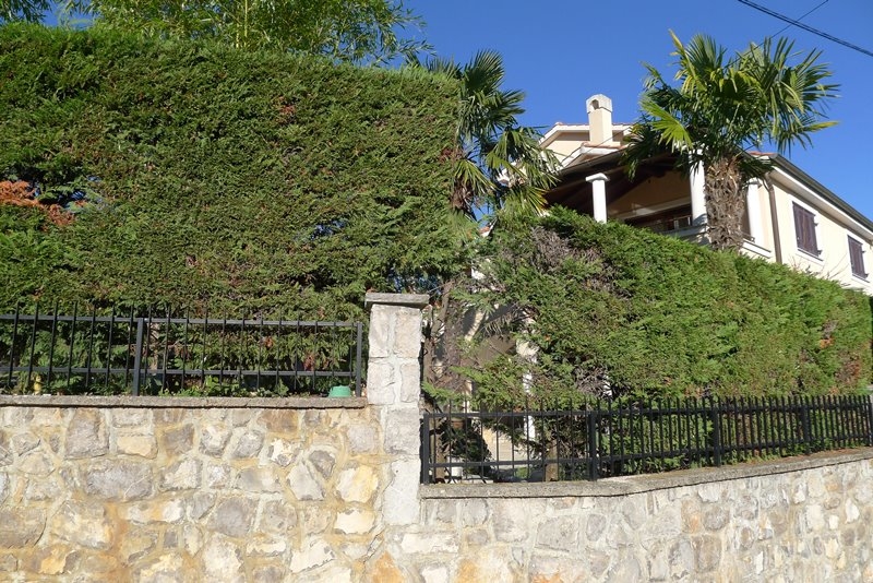 Stredomorská vila obklopená zelenou záhradou s palmami a stredomorskou vegetáciou.