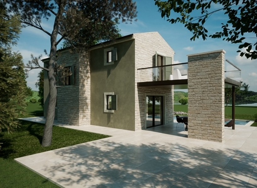 Detailný záber na nehnuteľnosť na Istrii so sivou fasádou a červenými jesennými listami v popredí.