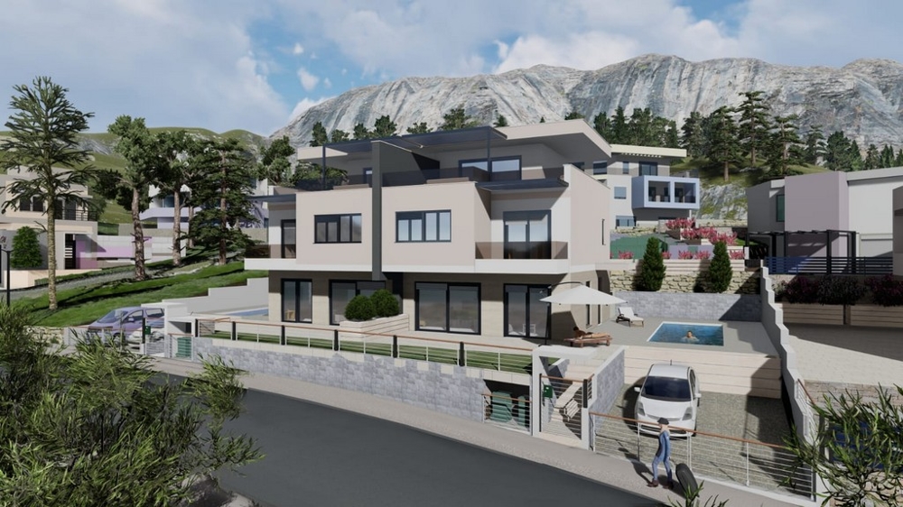 3D vizualizácia dvojdomu s bazénom H2147 v Makarskej.