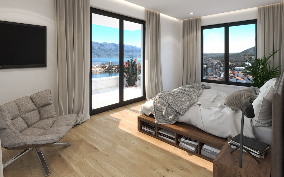 Spálňa s výhľadom na more.