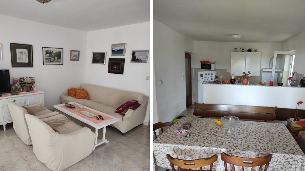 Obývacia izba, kuchyňa a jedálenský kút.