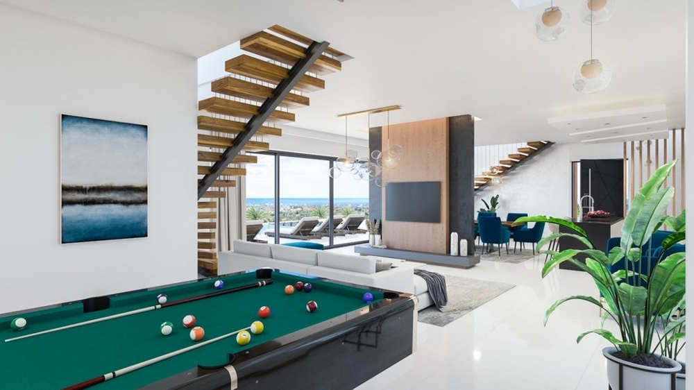 Biliardový stôl a výhľad na TV.