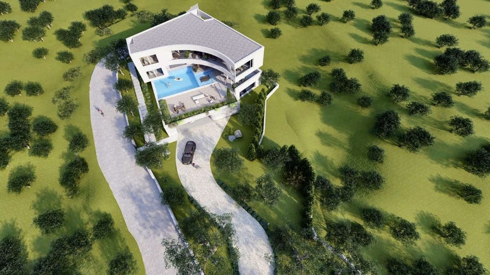 Letecký pohľad na dizajnovo orientovanú vilu v Chorvátsku s bazénom a priestrannou záhradou, ďaleko od zhonu, pre náročných kupujúcich - luxusná nehnuteľnosť v Chorvátsku.