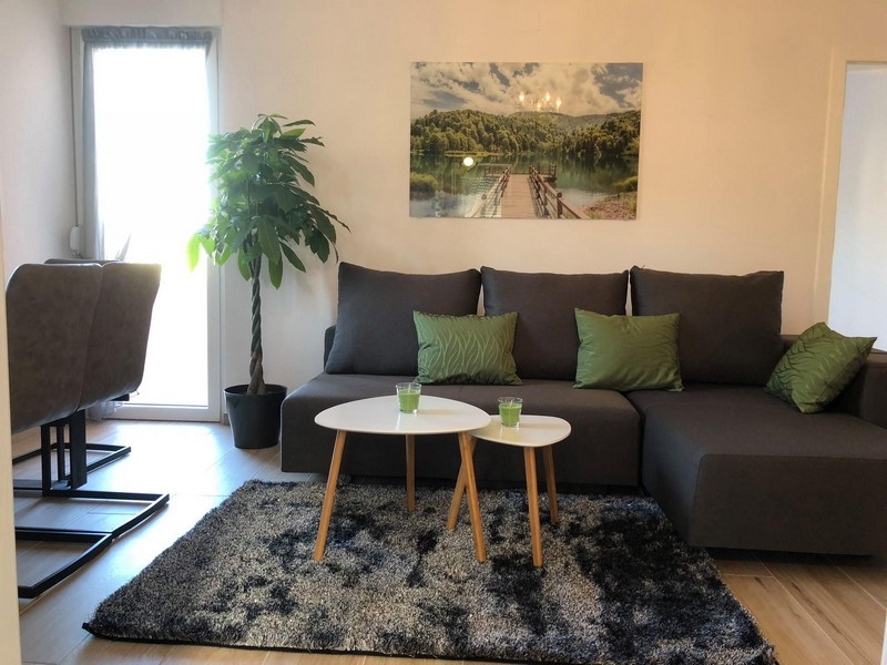 Útulná obývačka s pohovkou a televíziou v Chorvátsku