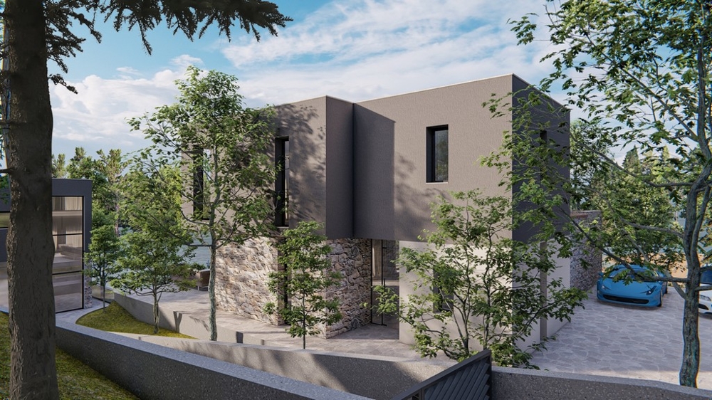Bočný pohľad na modernú vilu na predaj v Chorvátsku s parkovacími miestami a stromami