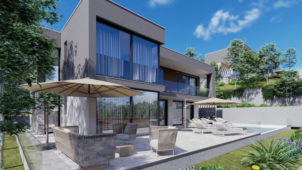 Detailný pohľad na modernú vilu s vonkajšou terasou a slnečníkom v Chorvátsku.