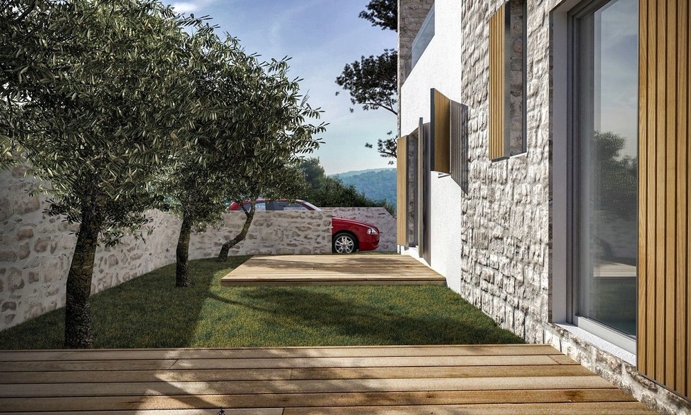 Parkovisko s olivovníkom vedľa modernej vily na predaj v Jezera, Murter, Chorvátsko