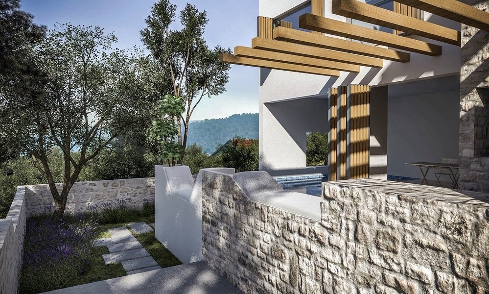 Vonkajší pohľad na terasu s pergolou pri vile na predaj v Jezere na ostrove Murter, Chorvátsko