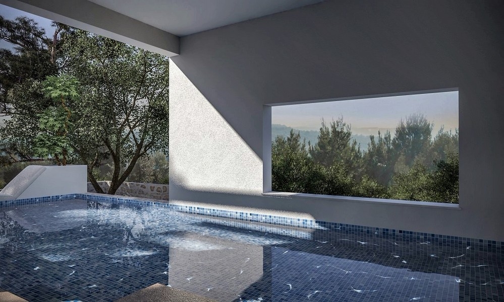 Vnútorný pohľad na krytý bazén s výhľadom na more vo vile na predaj v meste Jezera, Murter, Chorvátsko