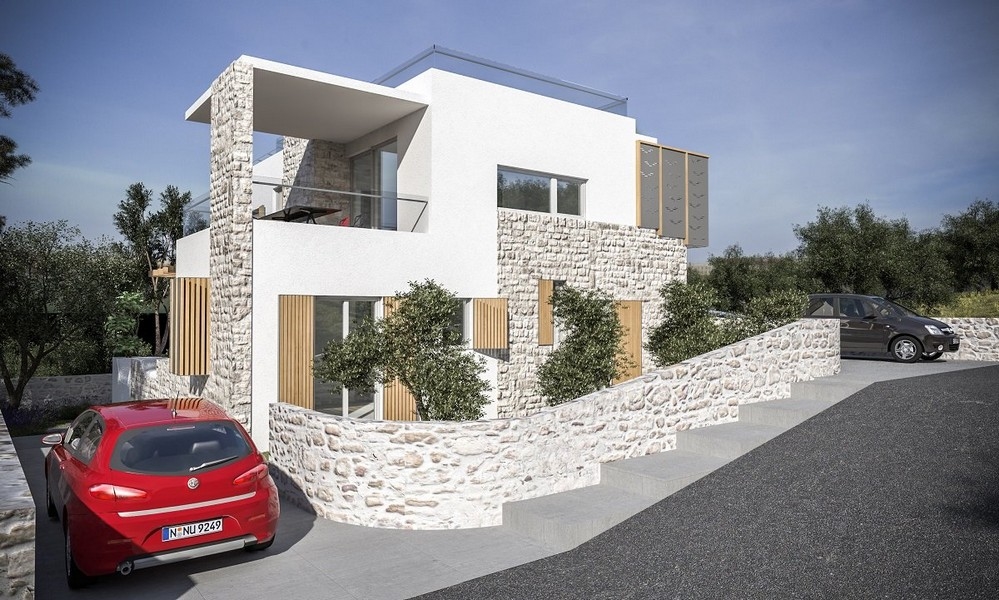Pohľad spredu na modernú vilu s parkovacím miestom na predaj v meste Jezera, Murter, Chorvátsko