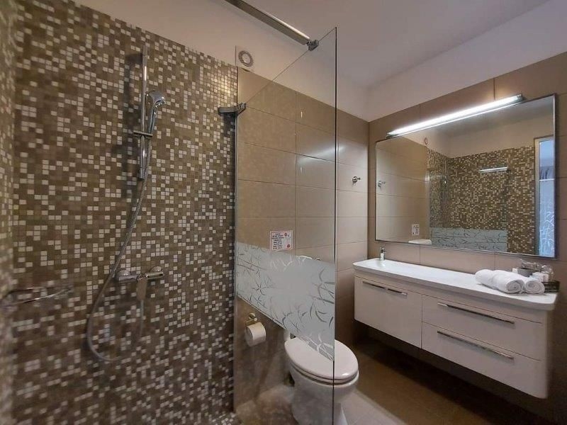 Moderná kúpeľňa v dome s tromi apartmánmi na Istrii, na predaj, so sprchovacím kútom, mozaikovými dlaždicami a veľkým zrkadlom.