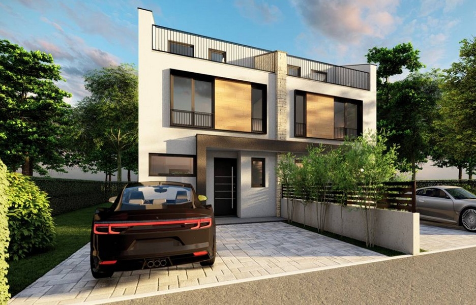 Pohľad spredu na moderný dvojdom s vozidlami vpredu, ktorý ponúka realitná kancelária Panorama Scouting
