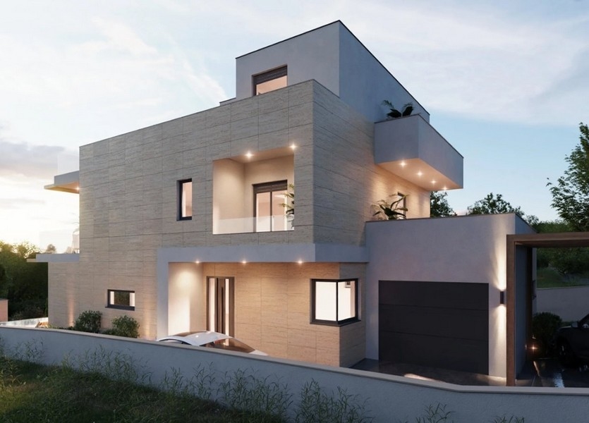 Štýlová spálňa v chorvátskej vile, výhľad na more, s veľkou manželskou posteľou, dvoma nočnými lampami a mäkkými závesmi