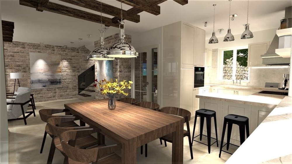 Jedáleň v interiéri modernej vily vo Vrbniku, ostrov Krk, so štýlovým nábytkom, nehnuteľnosť Chorvátsko, Vrbnik, ostrov Krk vila na predaj