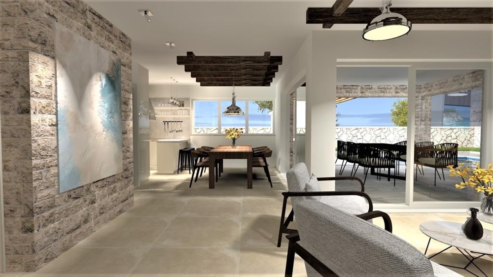 Otvorený obývací priestor s jedálňou a obývacou izbou vo vile vo Vrbniku na ostrove Krk, nehnuteľnosť Chorvátsko, Vrbnik, ostrov Krk vila na predaj