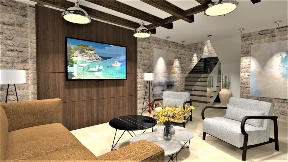 Útulná obývačka s moderným dizajnom vo vile vo Vrbniku, Ostrov Krk, Nehnuteľnosti Chorvátsko, Vrbnik, Ostrov Krk Vila na predaj