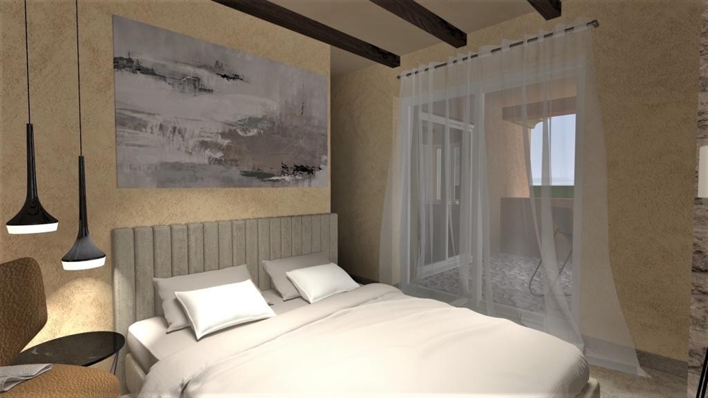 Spálňa s manželskou posteľou a prístupom na terasu vo vile vo Vrbniku, ostrov Krk, nehnuteľnosť Chorvátsko, Vrbnik, ostrov Krk vila na predaj