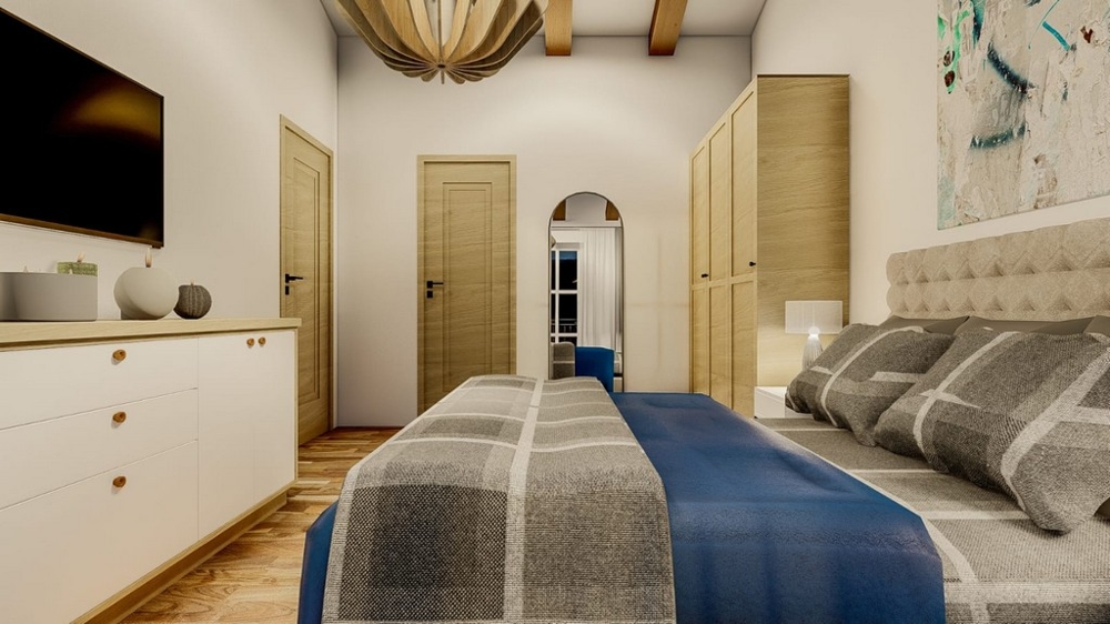 Stredomorská vila s výhľadom na more, ostrov Krk, spálňa s TV a drevenými dverami