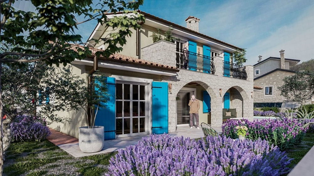 Vstupná časť očarujúcej stredomorskej vily s modrými dverami na ostrove Krk