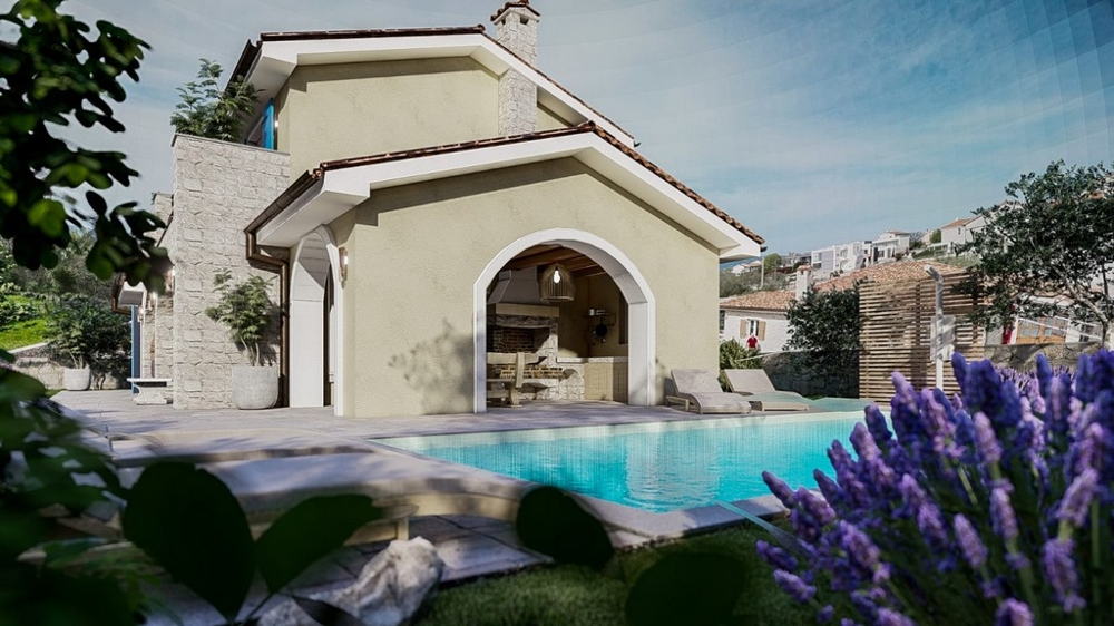 Stredomorská vila s bazénom a krytou terasou na ostrove Krk