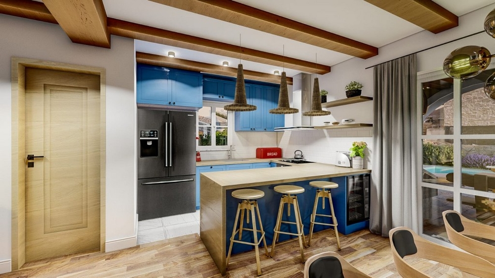 Moderná kuchyňa v stredomorskej vile s výhľadom na more na ostrove Krk