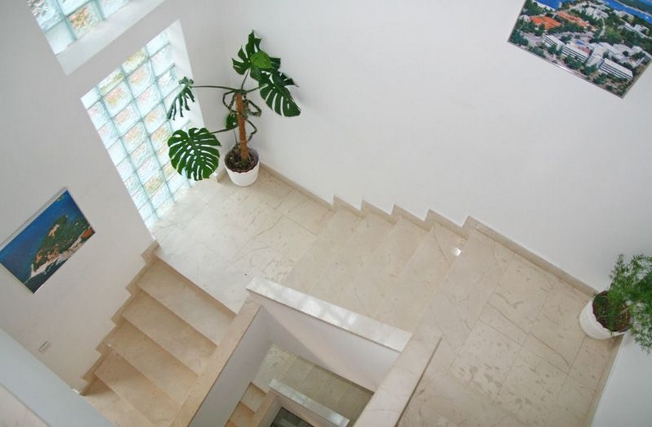 Schodisko so svetlými mramorovými schodmi, veľké okná so sklenenými blokmi, zelené rastliny v bielych kvetináčoch a obrazy visiace na stenách.